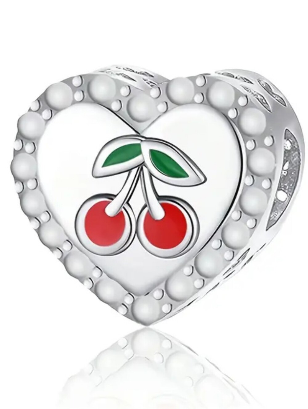 Heart Cherry Enamel Sterling-Style Charm Pendant - Red & Green